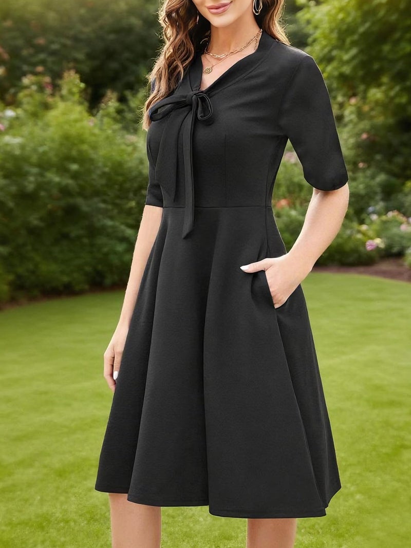 oxiuly Women's Vintage Bow Tie V-Neck Pockets Casual Work Party Cocktail Swing A-line Dresses OX278 (XXL, Black Solid 5) - Image 3